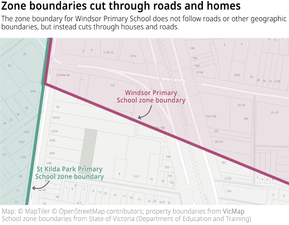 Zone boundaries cut through roads and homes