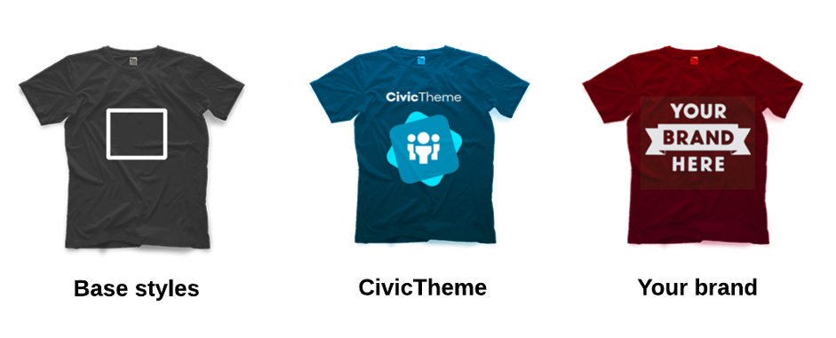 A brown t-shirt with white square for base styles, a blue t-shirt with CivicTheme logo for CivicTheme and a red t-shirt with your brand here logo