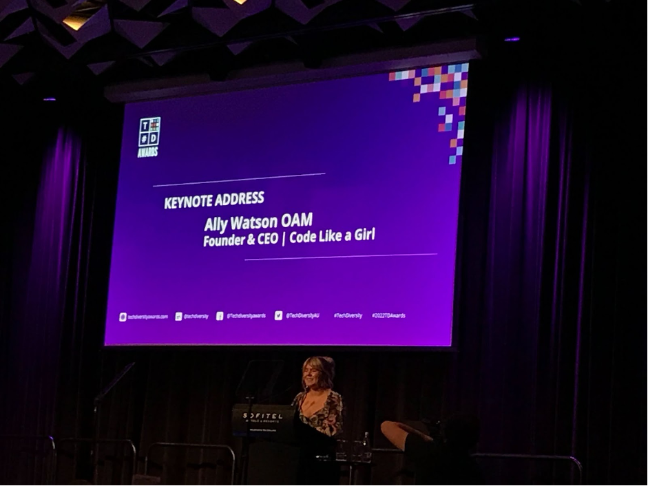 Ally Watson Founder & CEO of Code Like a Girl at Tech Diversity Award 2022 as keynote speaker