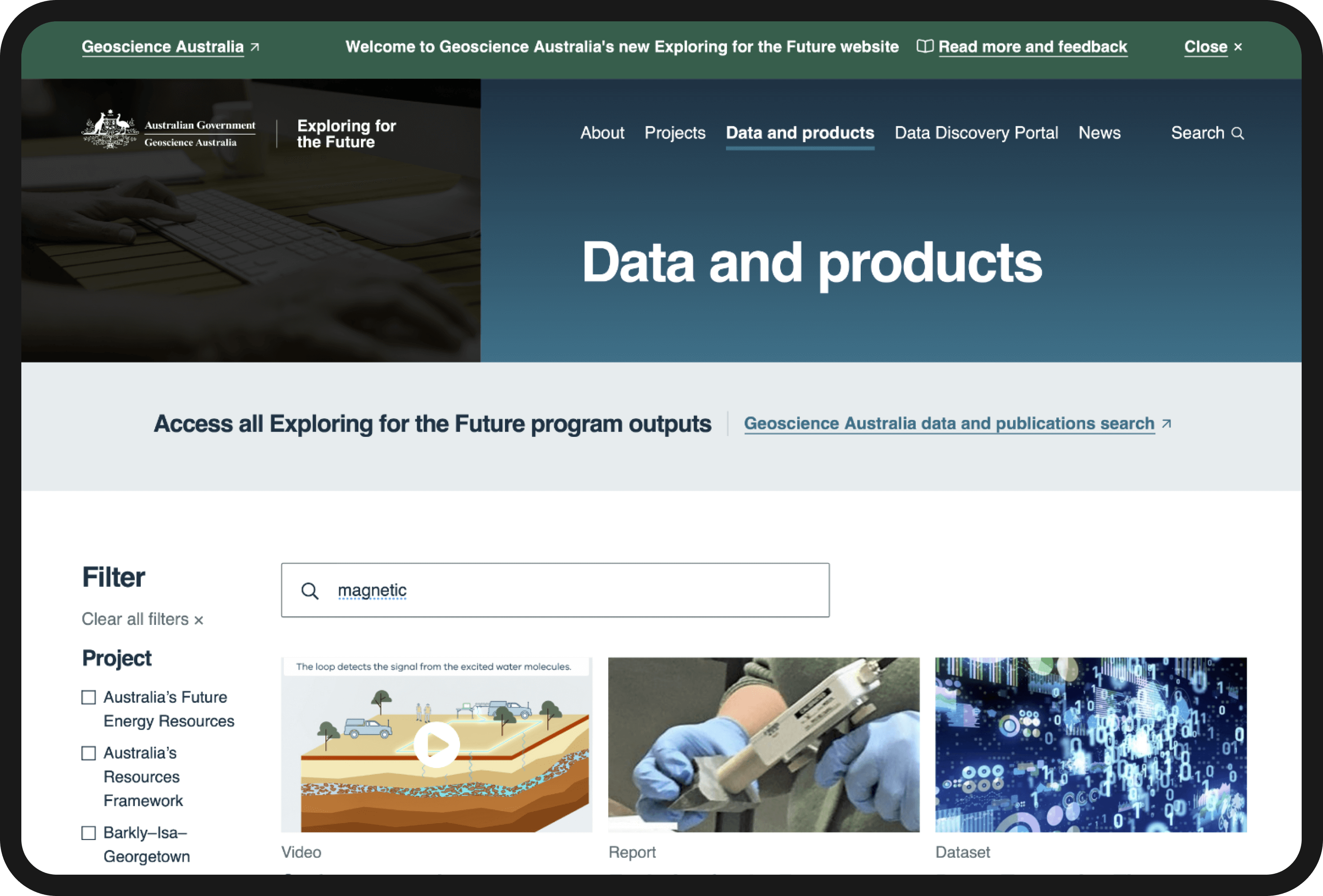 Image of Data and products page of Geoscience Australia website, showing search result for 