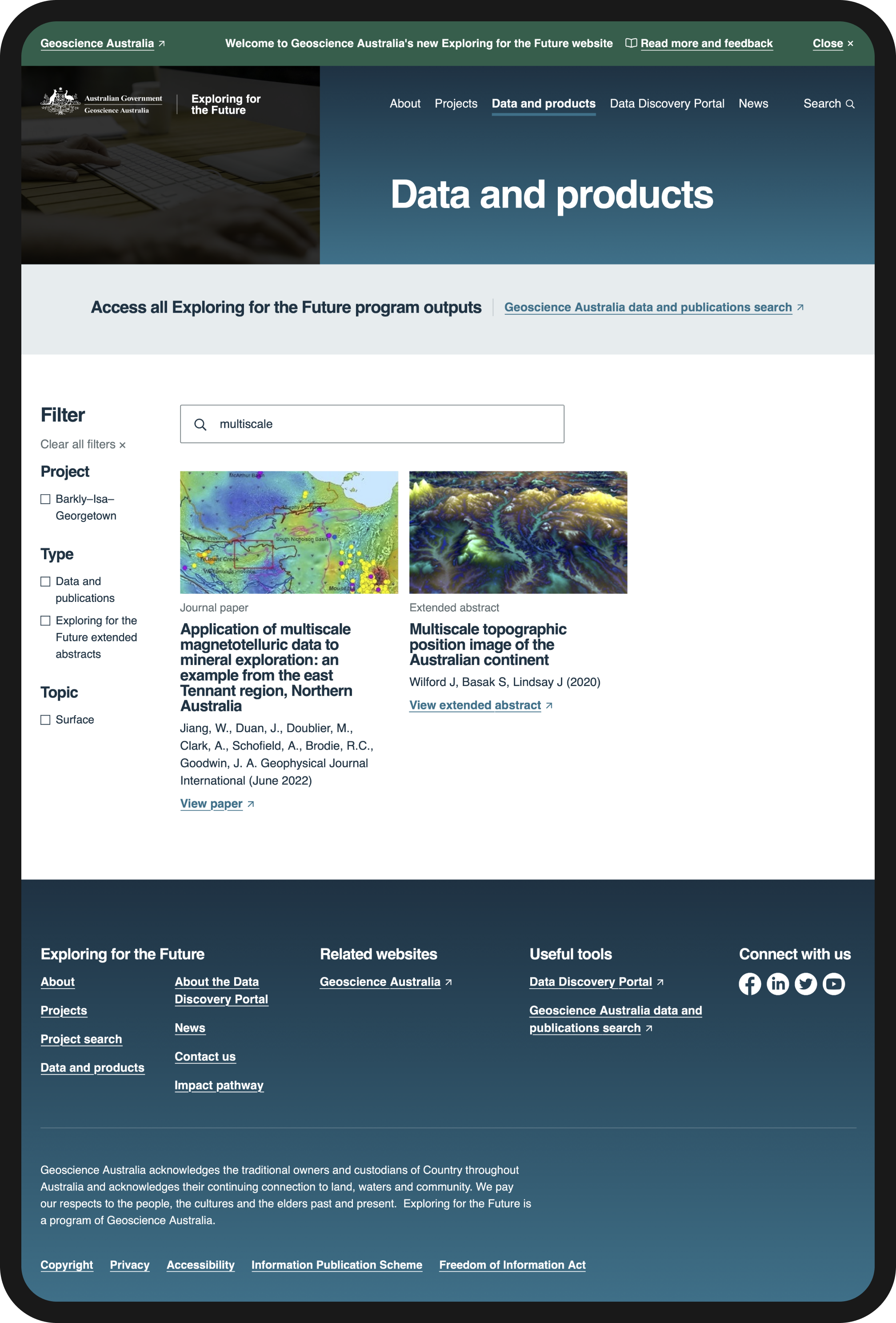 Image of Data and products page of Geoscience Australia website, showing search result for 