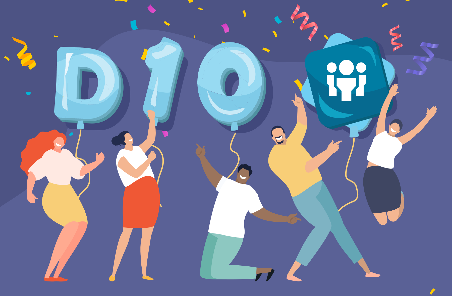 People in joy with balloons of D, 1, 0 and CivicTheme logo and confetti in the background