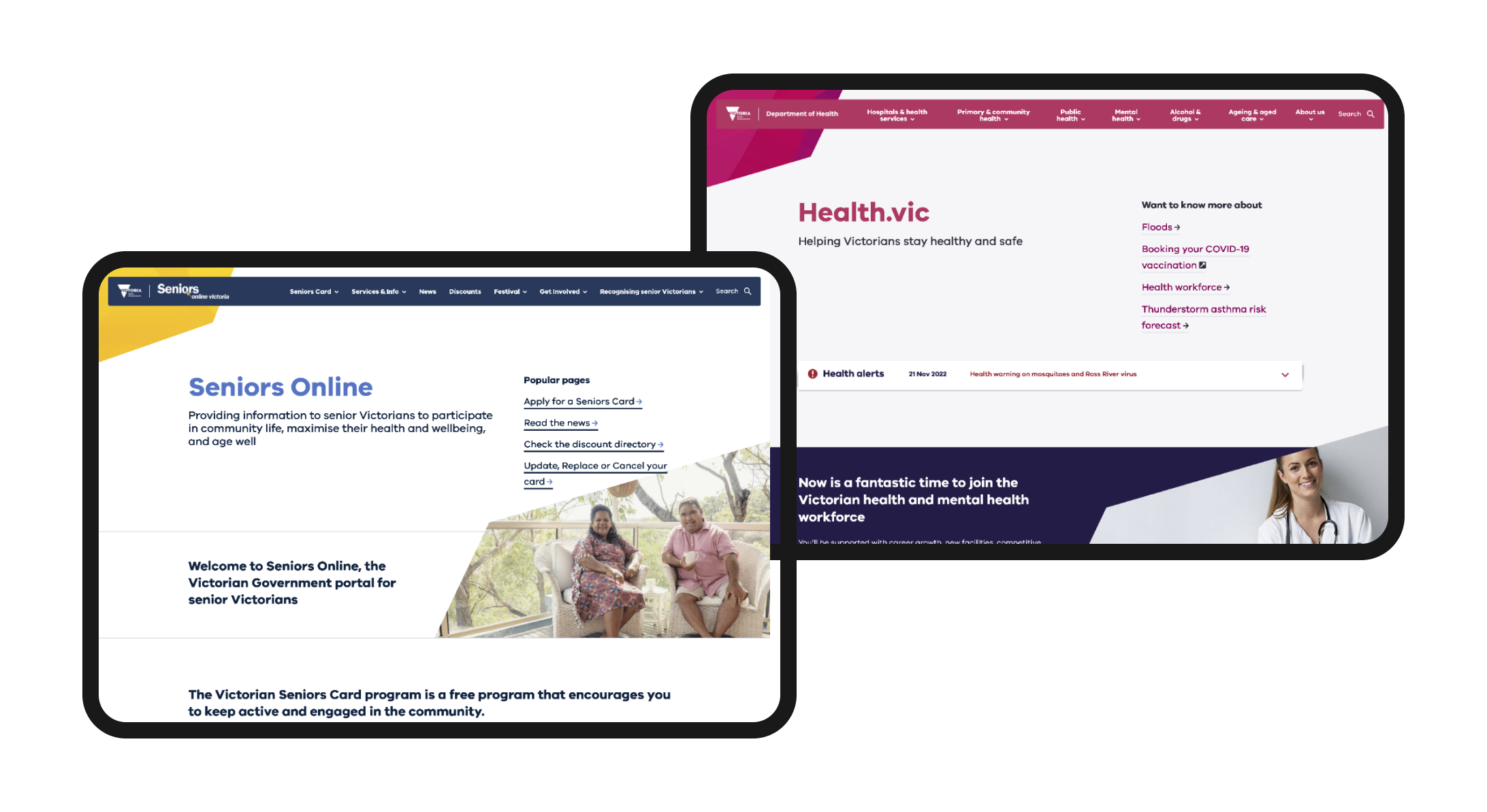 An image showing homepage screenshots of both health.vic and Seniors Online. The images are overlaid and bordered with a 'tablet' look and feel. 