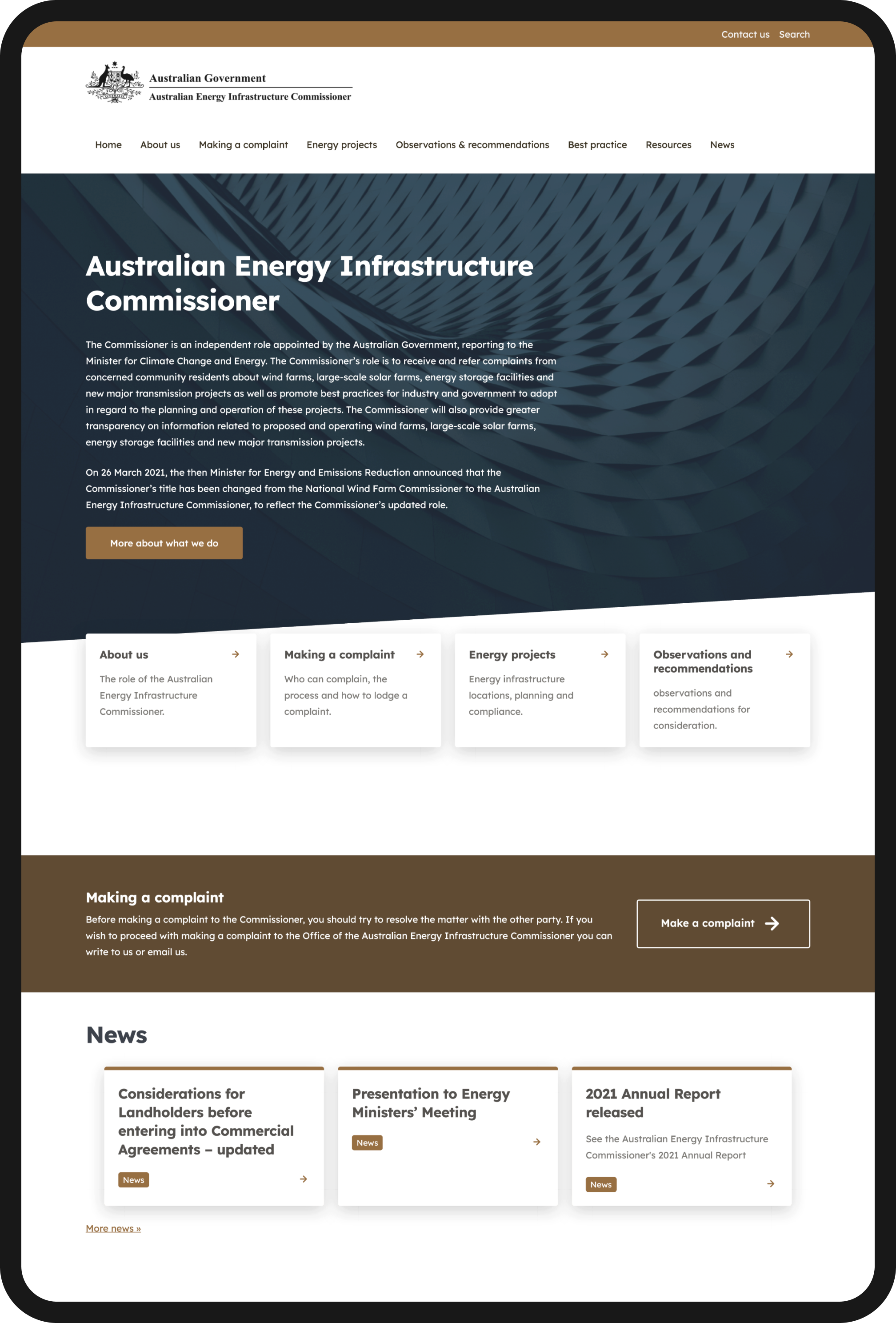 Screenshot of Australian Energy Infrastructure Commissioner homepage