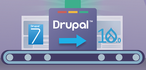 Graphical illustration of a conveyor belt with Drupal 7 to Drupal 10 represented. 