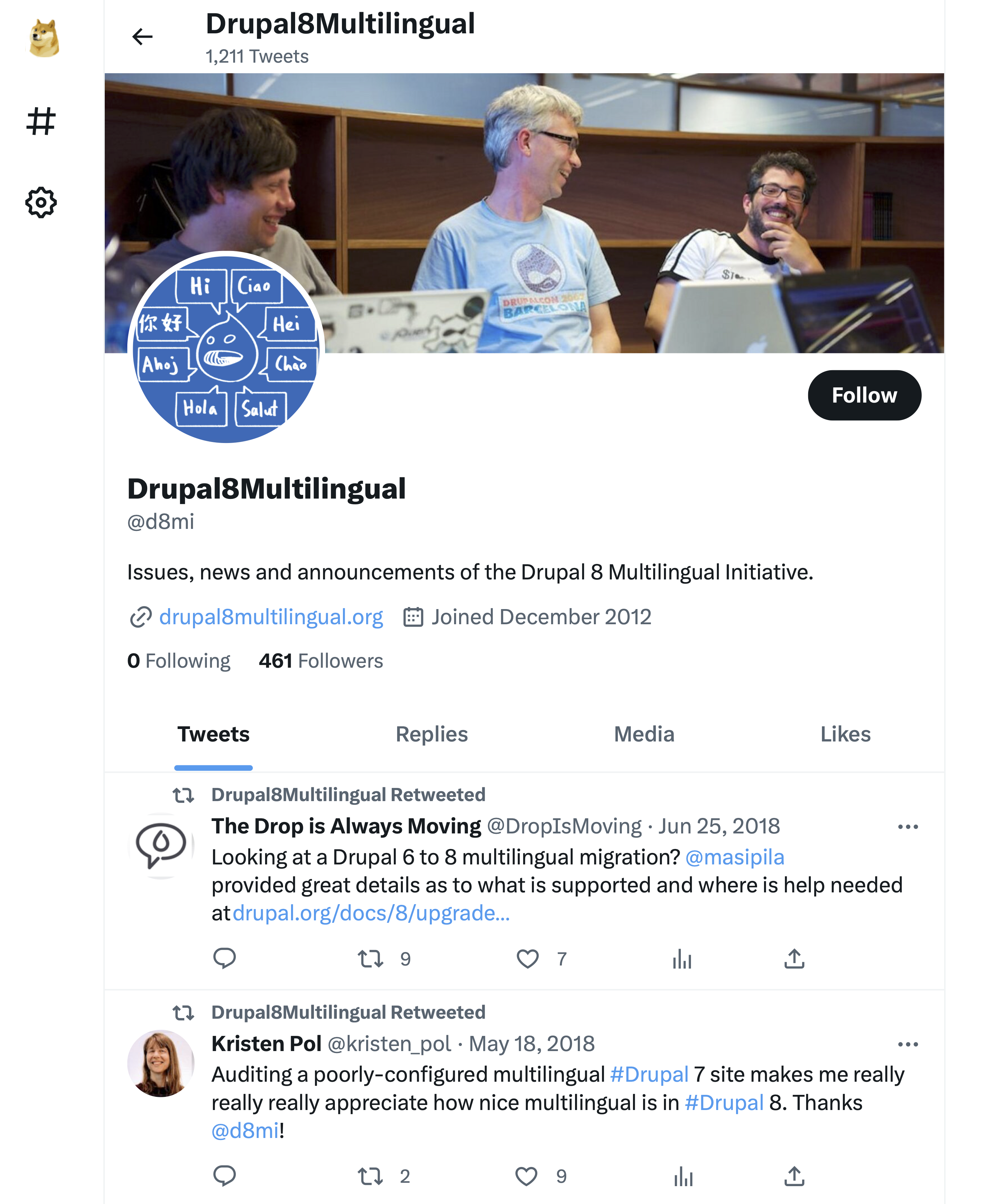 Drupal8Multilingual Twitter account for D8MI including a Tweet from Kristen Pol in 2018