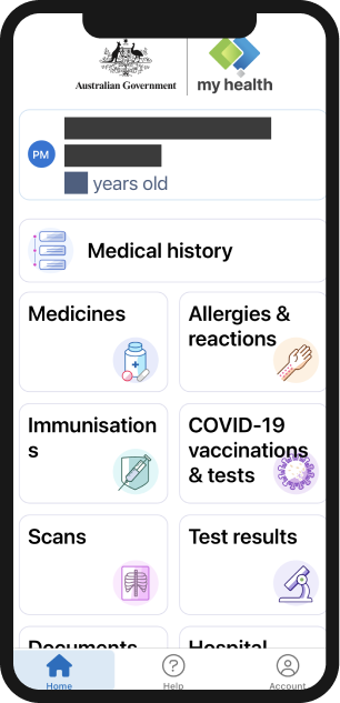 Image of the homescreen of the my health app, with icons and words for Medical history, Medicines, Allergies & reactions, Immunisation, Covid-19 vaccinations and tests, Scans and Test results.