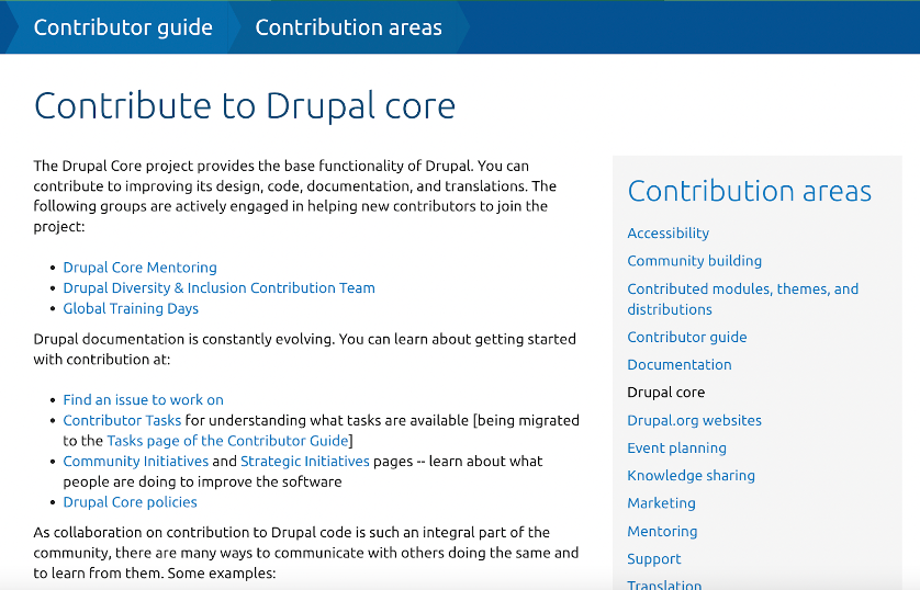 Snapshot of the Drupal core page of the Drupal contributor guide