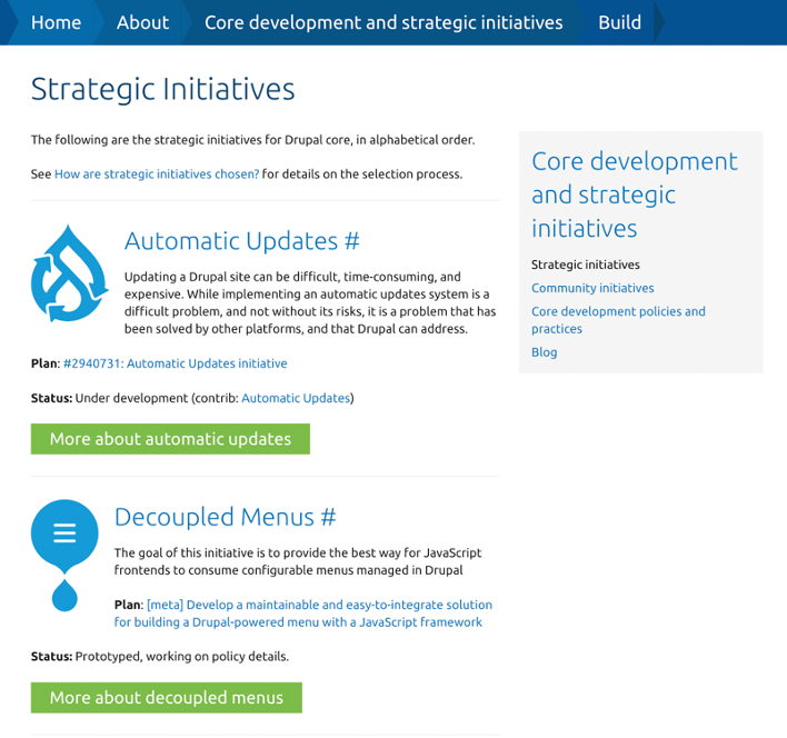 Snapshot of the Drupal strategic initiatives page