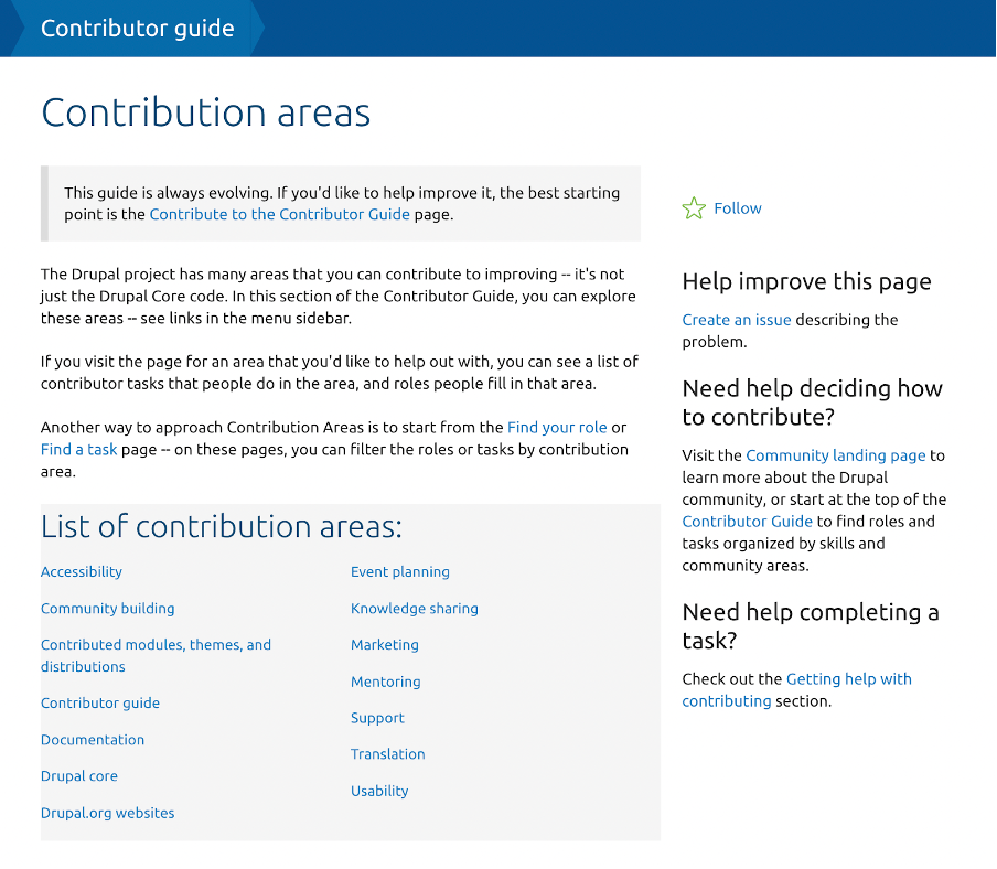 The homepage of the Drupal contributor guide’s “contribution areas”