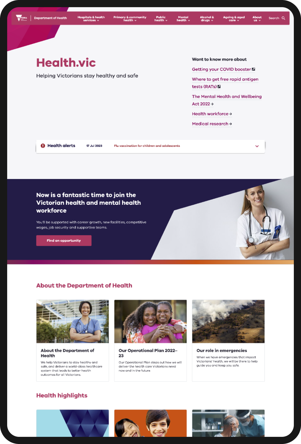 Homepage of Health.vic.gov.au in tablet like frame