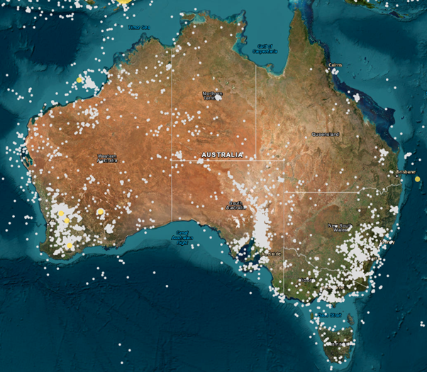 This image is a map of Australia with an overlay of the locations of earthquakes from the past 10 years. There are concentrations of earthquakes around Perth, Adelaide and up the south-eastern coast, from Melbourne to Sydney.