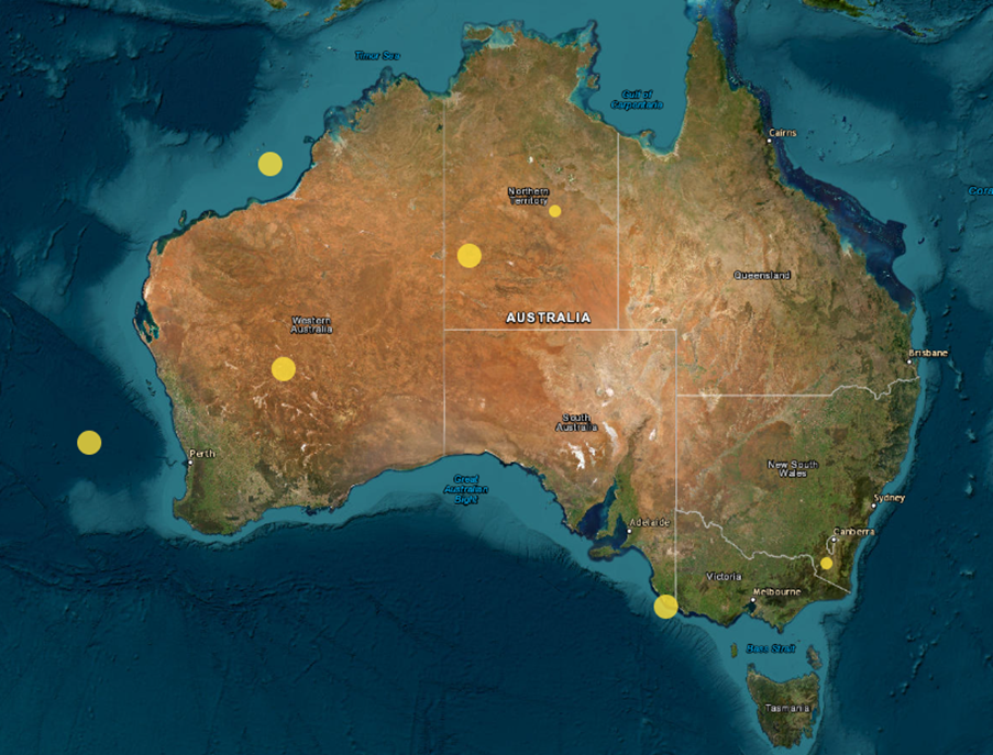 Map of Australia with 7 yellow dots that depict 7 earthquakes. The dots are in Port Macdonnell (SA), Berridale (NSW), NW of Nyirripi (NT), offshore Broome (WA), SE of Tennant Creek (NT) and Offshore South-West WA (Indian Ocean).