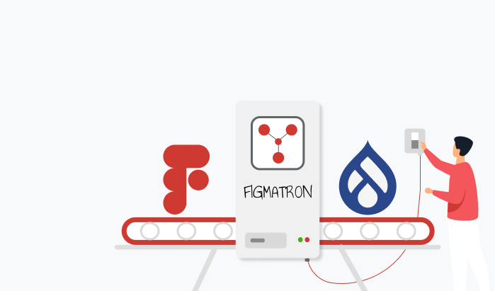 Graphical illustration of conveyor belt called 'Figmatron' and Figma on one side and Drupal on the other. 
