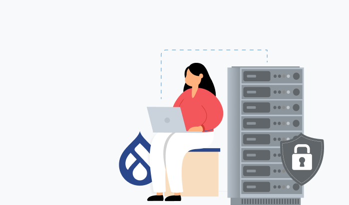 Graphical illustration of woman sitting with a laptop in front of her and a server rack behind her.