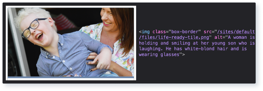 Screenshot showing HTML image element, with descriptive alt text beside the image it's describing. Taken from https://www.visionaustralia.org/.