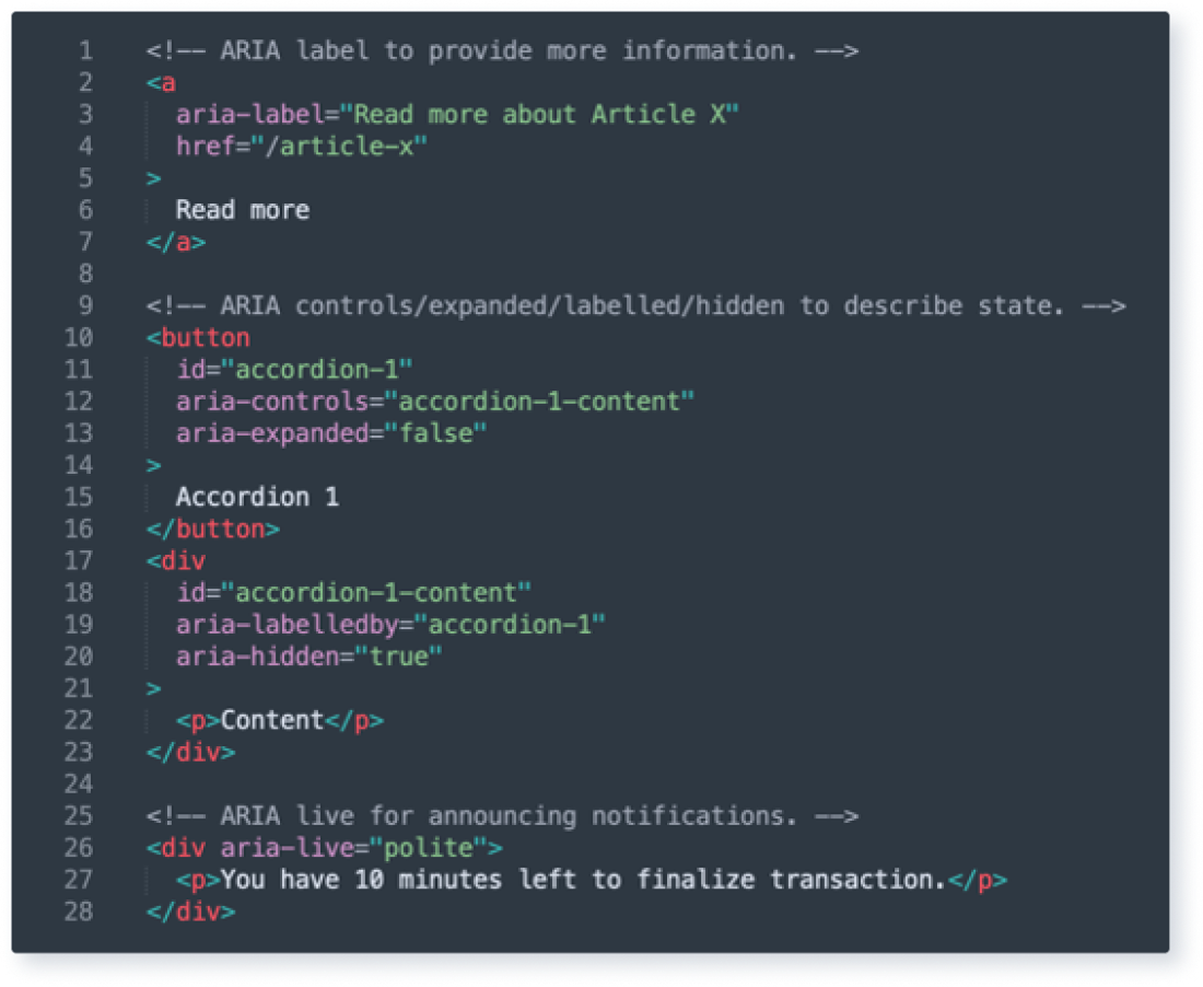Screenshot of HTML using aria attributes to provide more context about links, state, notifications.