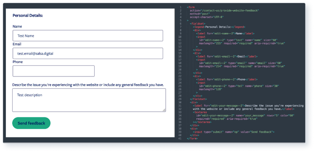 Screenshot of a Drupal form with fields/inputs/aria tags and added fieldset/legend.