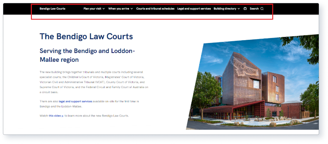 Screenshot of bendigo.courts.vic.gov.au, with  clear and descriptive menu labels and a search feature.