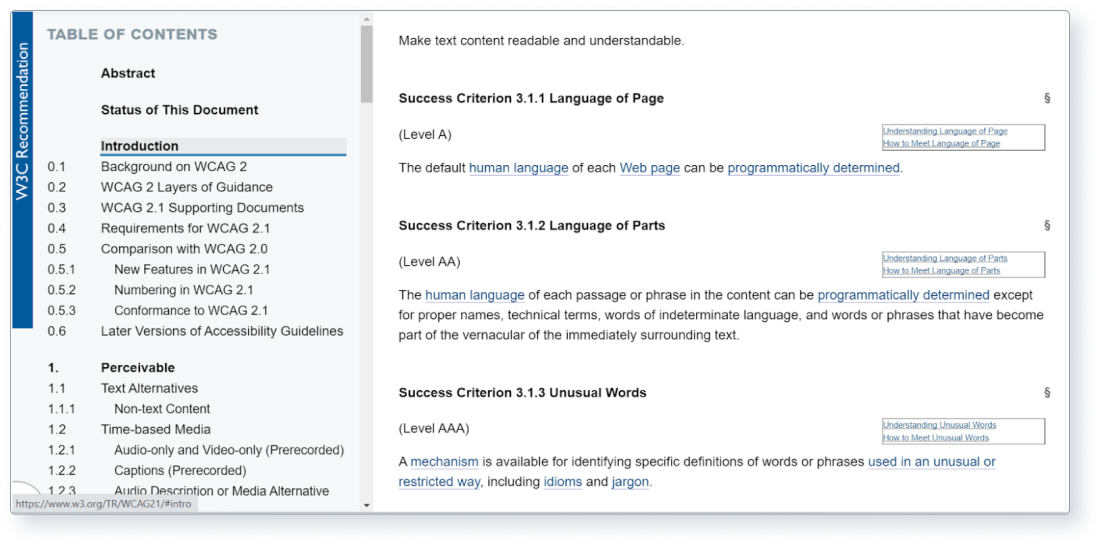 Screenshot from WCAG, showing the guidelines for making content readable.