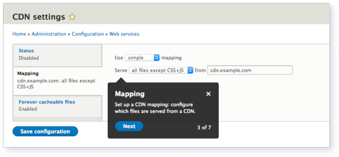 Screenshot of CDN settings that enable caching. 