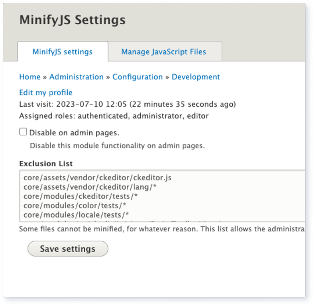 Screenshot showing the configuration for minifying JS using the contributed module Minify JS.
