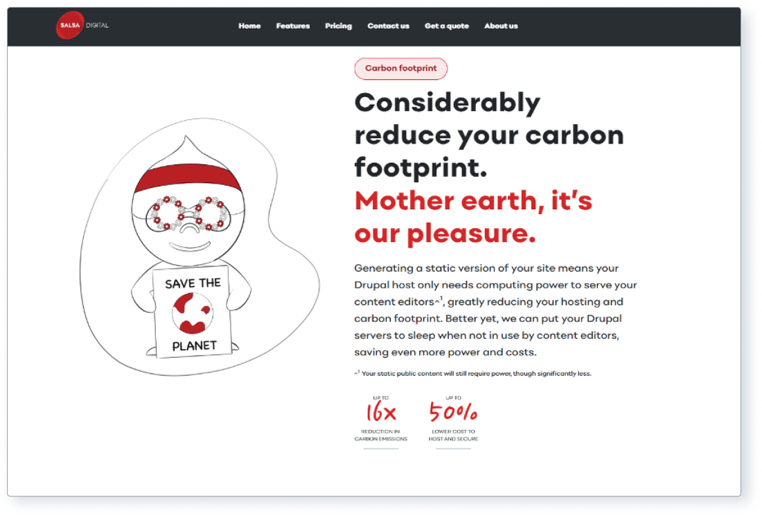 Screenshot showing details of how Salsa Hosting improves a website’s carbon footprint. 