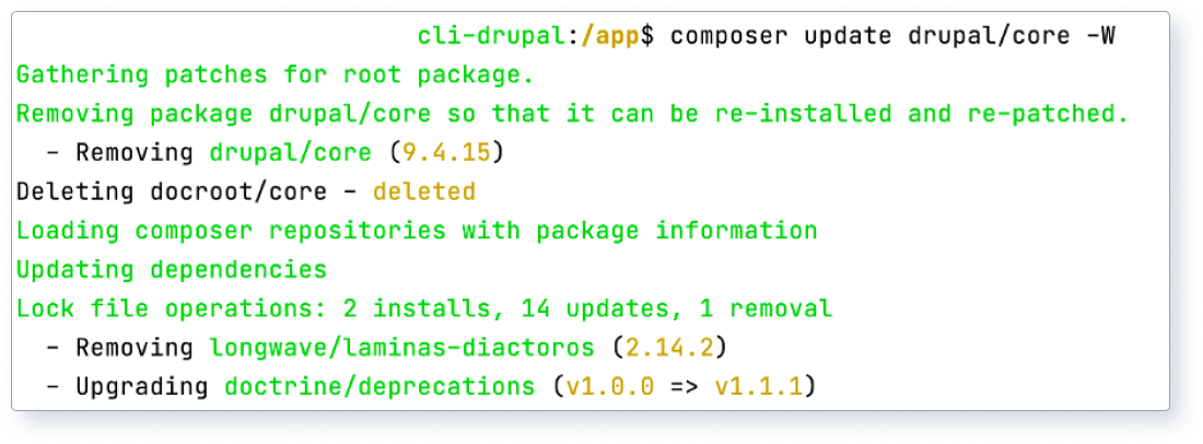 Screenshot shows update for Drupal core using composer.