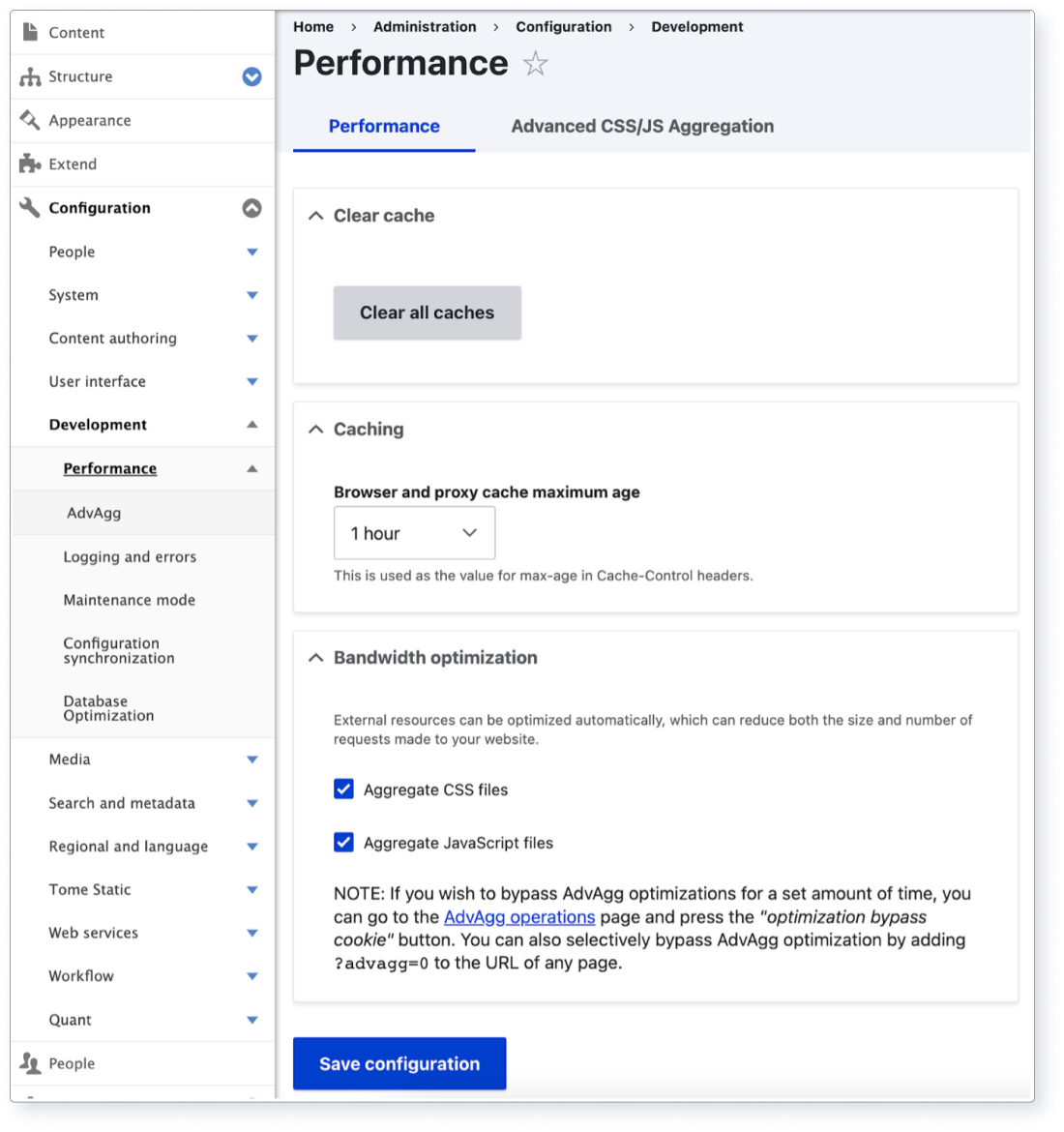 Screenshot of Drupal’s Performance settings page