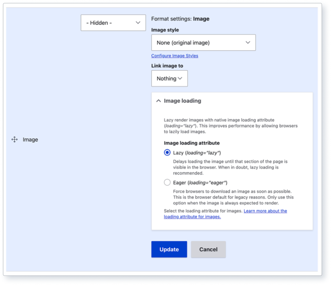 Screenshot of Drupal’s image field loading settings via Manage Display UI
