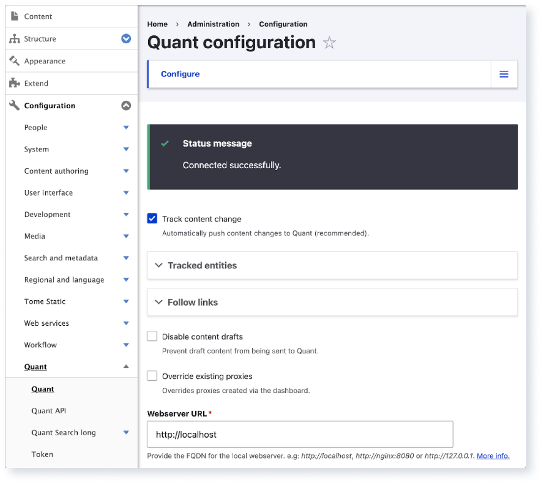 Screenshot of QuantCDN’s Drupal module main configuration settings