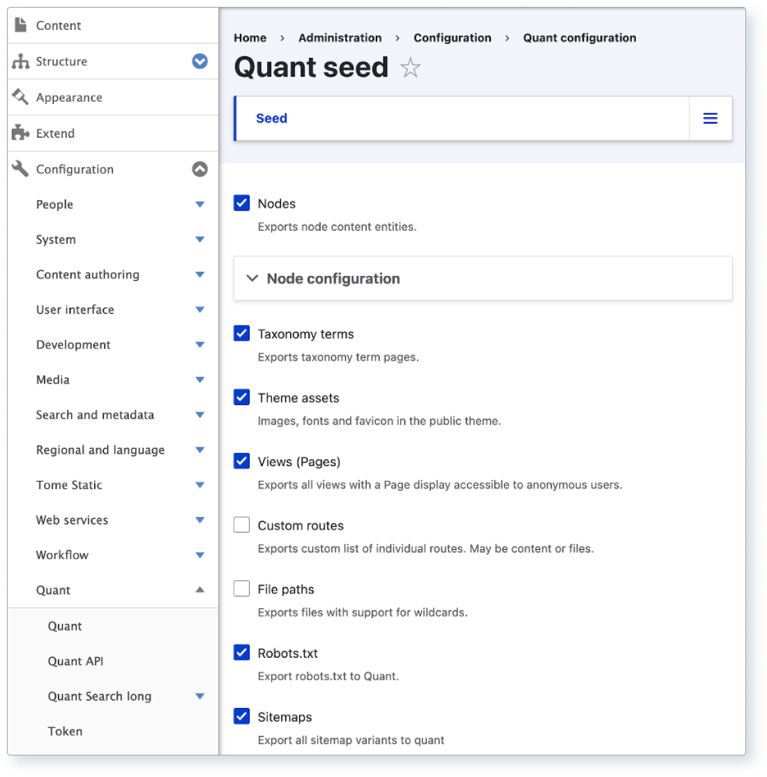 Screenshot of QuantCDN’s Drupal module seed configuration settings for pushing content and assets to the CDN.