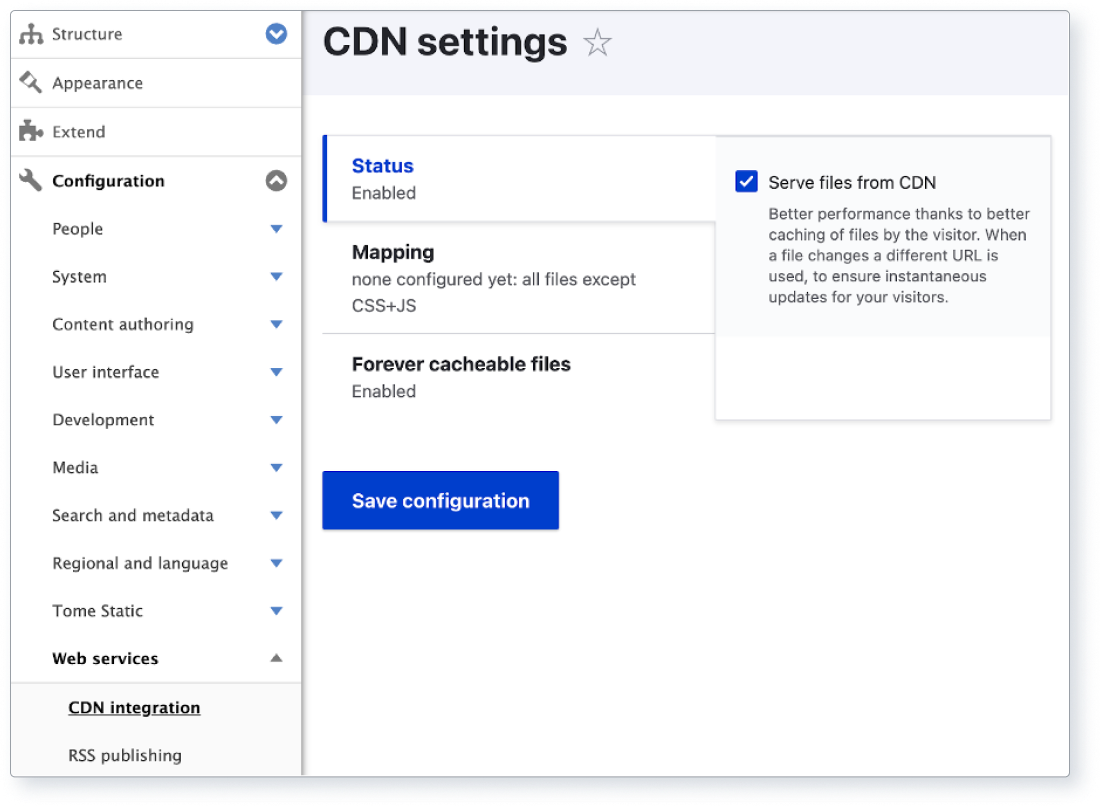 Screenshot of the Drupal CDN UI module settings