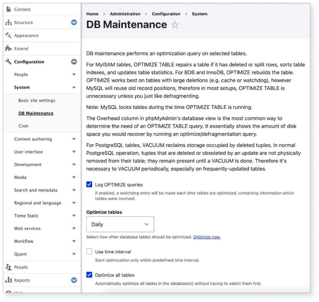 Screenshot of the Drupal DB Maintenance module settings