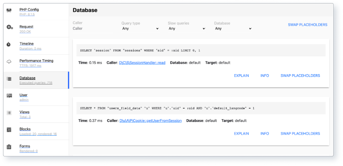 Screenshot of part of Drupal’s WebProfiler database report for a particular web page