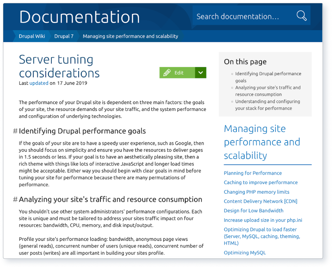 Screenshot of Drupal.org’s documentation on server tuning