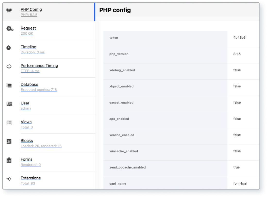Screenshot of Drupal WebProfiler module PHP configuration report