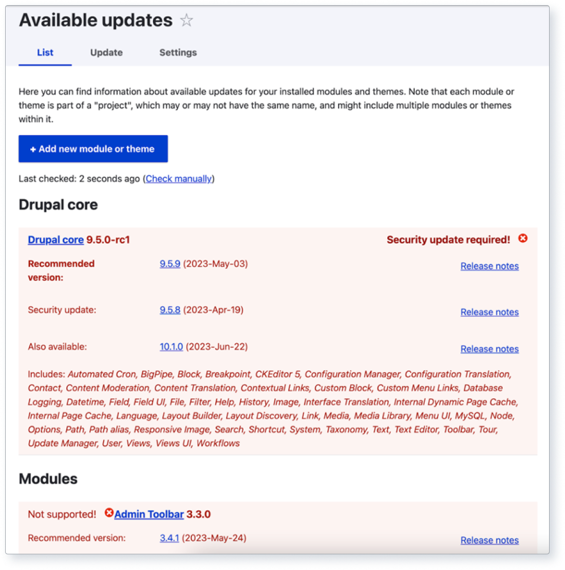 Screenshot of Drupal’s Available updates report