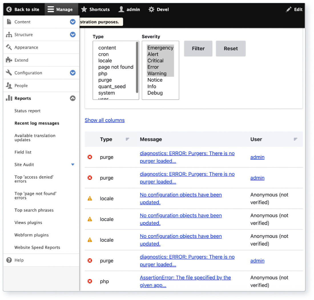 Screenshot of Drupal’s database log