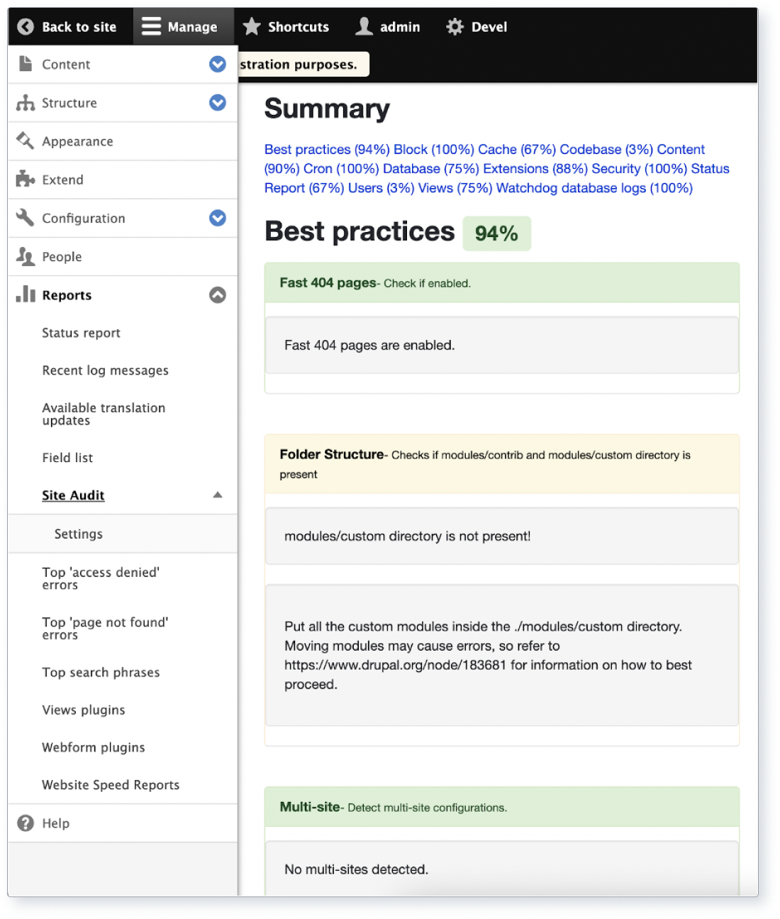 Screenshot of the Site Audit Summary and Best practices report