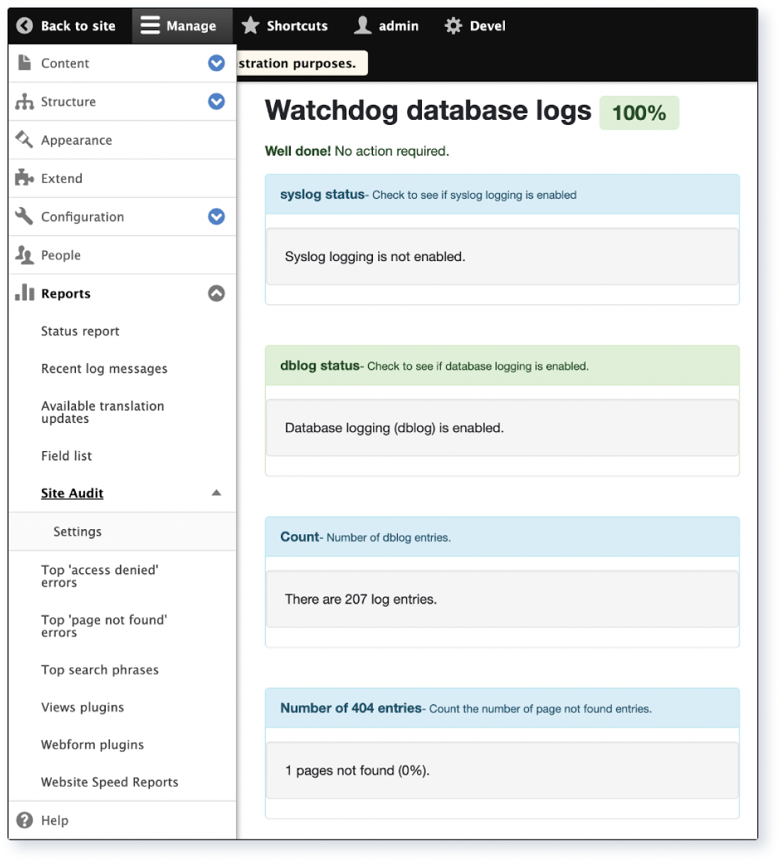 Screenshot of the Site Audit Watchdog database logs report