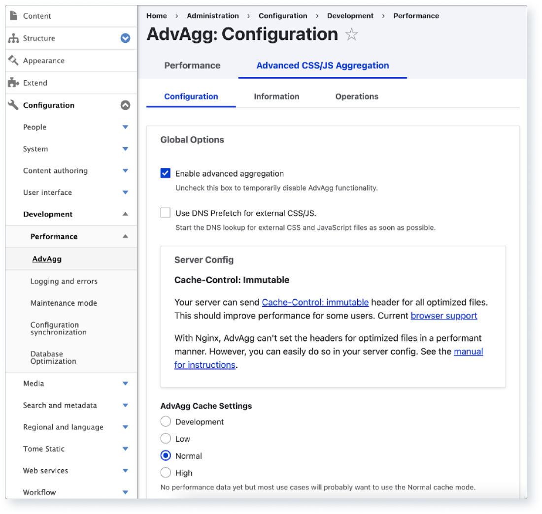 Screenshot of Drupal’s Advanced CSS/JS Aggregation module settings page