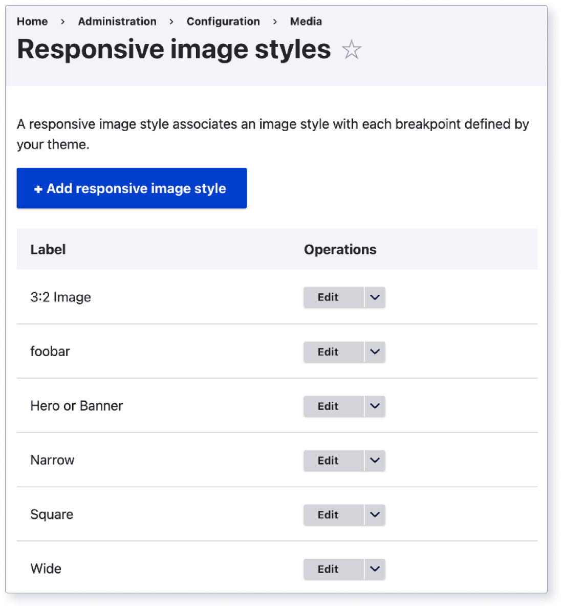 Screenshot of Drupal’s Responsive image styles settings page