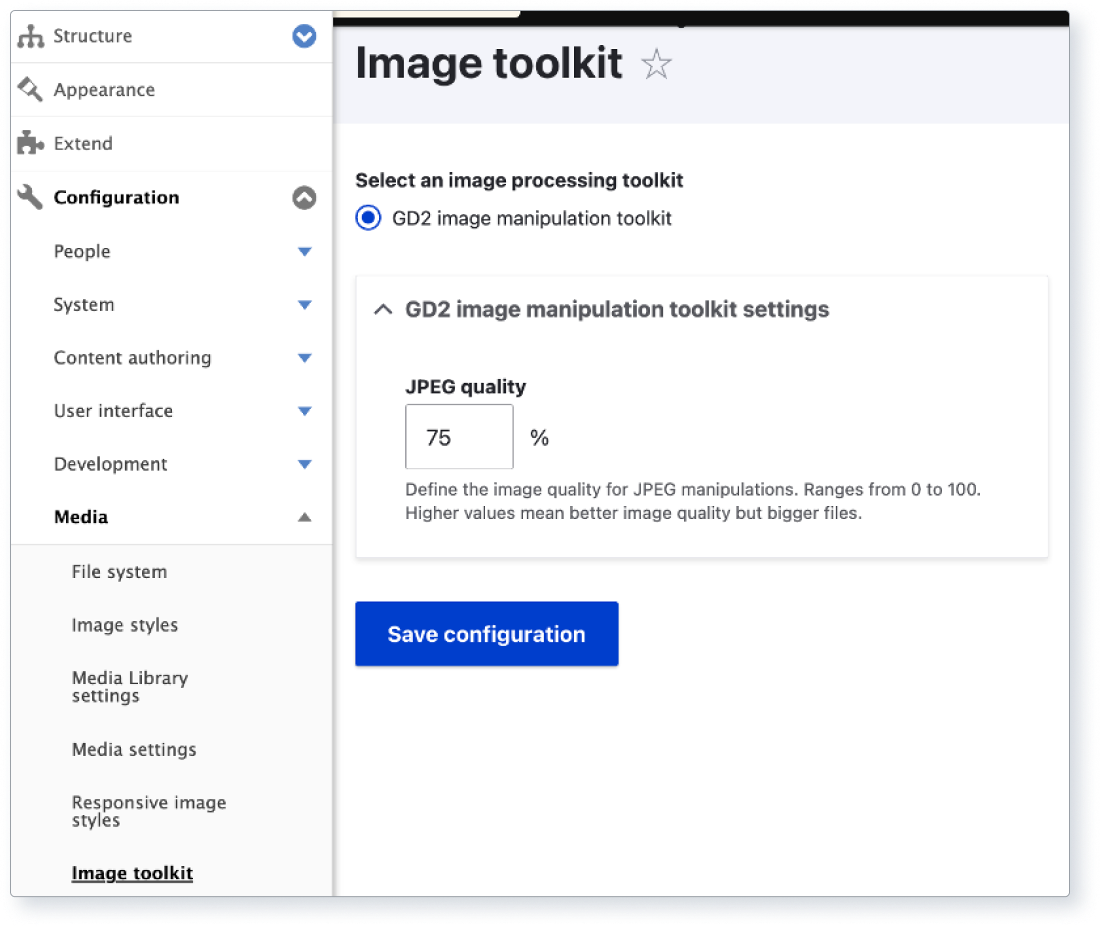 Screenshot of Drupal’s Image toolkit settings page with default settings