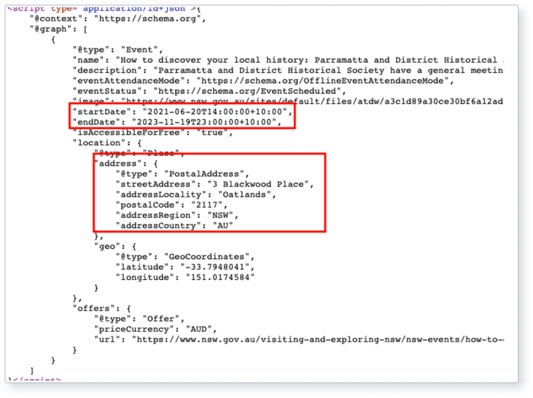 Screenshot of Schema.org definition in HTML.