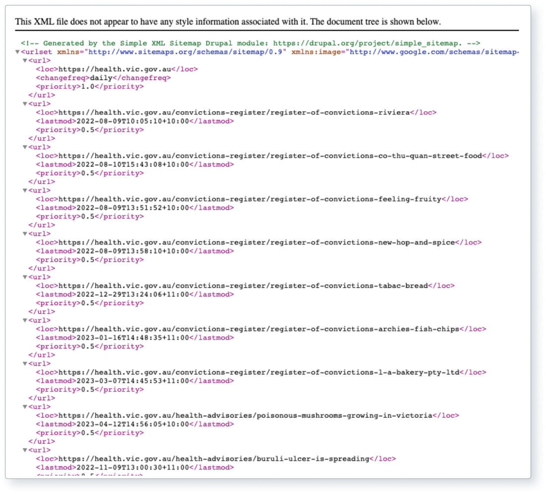 Screenshot of an XML sitemap.