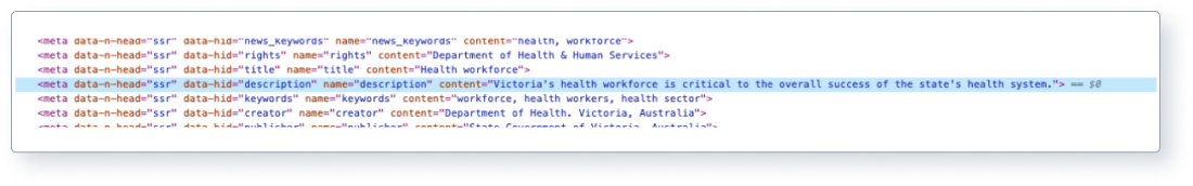 Screenshot showing meta tags in HTML