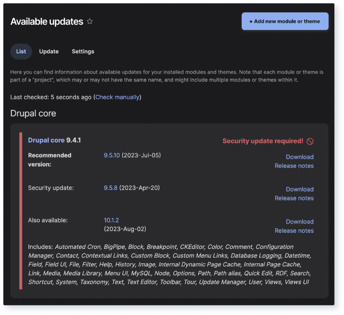 Screenshot of the Available updates report with status for Drupal core.