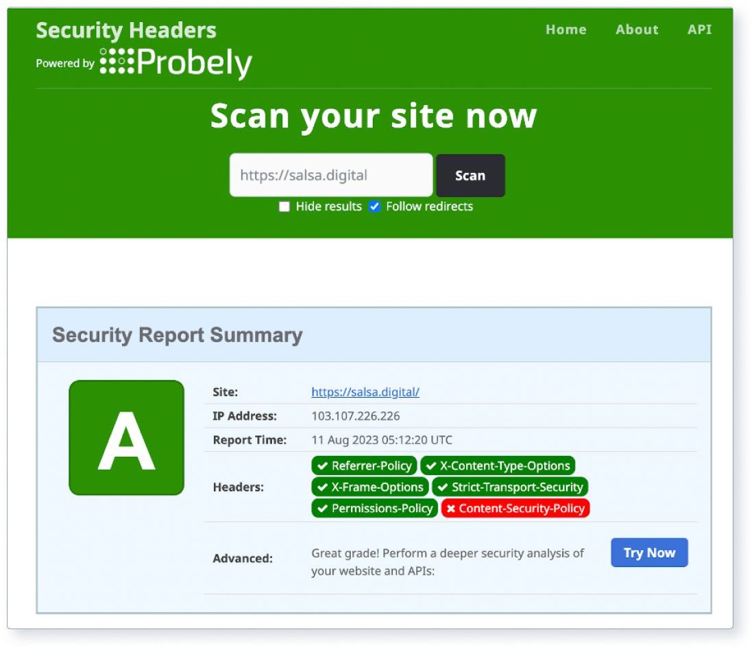 Screenshot of a Security Headers report for the salsa.digital website