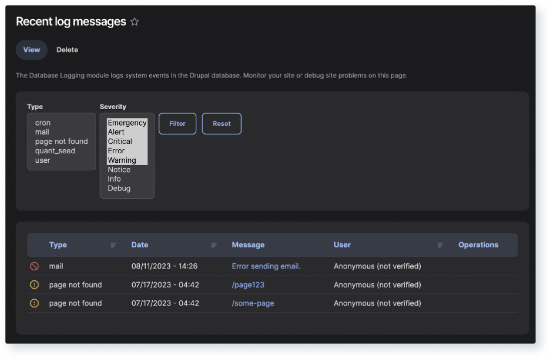 Screenshot of Drupal’s recent log messages